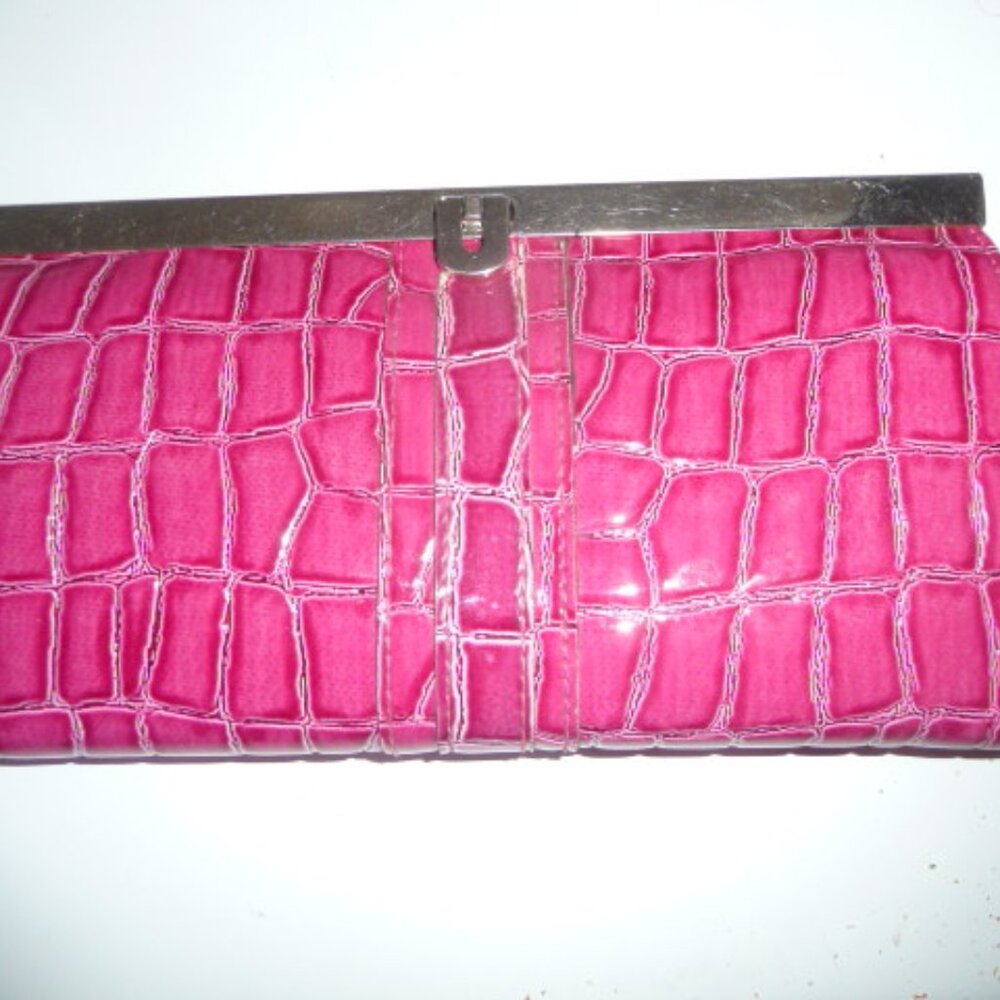 Wallet, cute and whimsical and useful.  Pink with unique clasp.  8"x4"